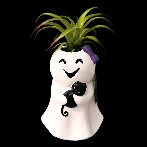 Halloween Girl Mom Black Cat Planter Pot Faux Succulent Plant - Picture 1 of 4
